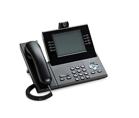 Image showing Office IP telephone set with LCD display isolated on white