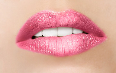 Image showing close-up portrait of young beautiful woman's lips zone make up