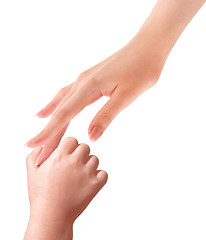 Image showing Baby hand holding mother finger