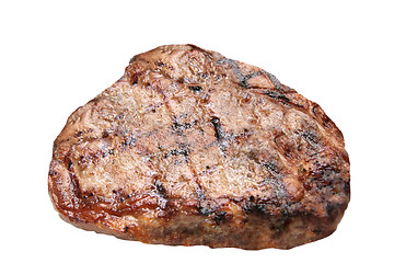 Image showing sizzling hot fresh grilled boneless rib eye steak isolated on white