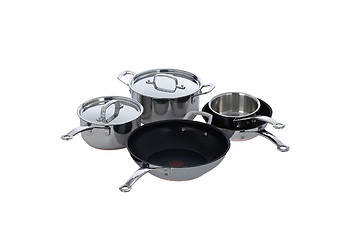 Image showing Stainless steel pots and pans isolated on white