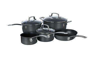 Image showing A set of stainless steel pots and pans