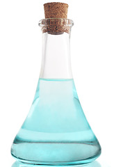 Image showing A glass bottle with blue liuqid