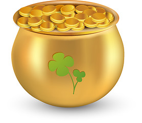 Image showing Gold coins pot with clover leaf against white background for St. Patrick's Day. Gradient mesh graphic. 