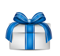 Image showing White Gift Box with Blue Ribbon Isolated on White 