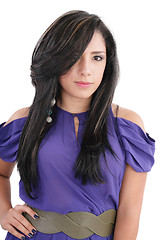 Image showing Fashion luxury portrait of young girl teenager in purple style d