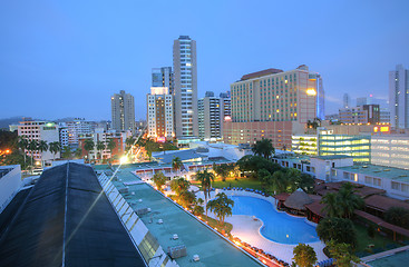 Image showing Panama close cityscape Top view with blue pool sorrounded by bui