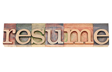 Image showing resume word in letterpress wood type