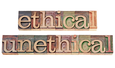 Image showing ethical and unethical words in wood type