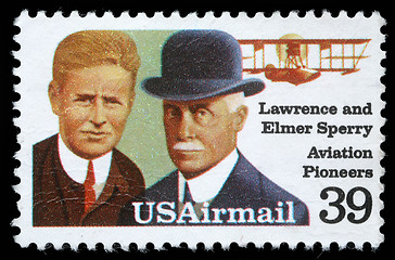 Image showing Stamp printed in USA shows Lawrence and Elmer Sperri, Aviation Pioneers