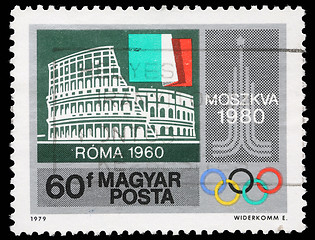 Image showing Stamp printed by Hungary, shows Colosseum, Rome, Italian flag, Moscow Emblem