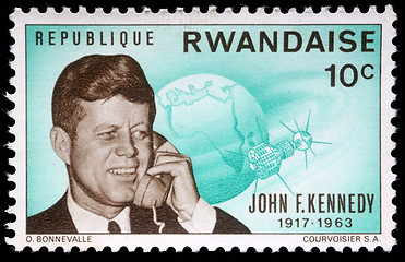 Image showing Stamp printed by Rwanda, shows John Fitzgerald Kennedy