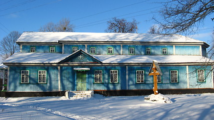 Image showing Long rural church in winter