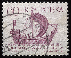 Image showing Stamp printed in Poland shows a vintage ship