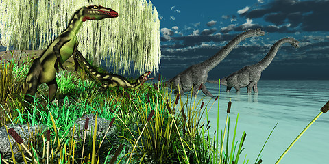 Image showing Brachiosaurus and Dilong Dinosaurs