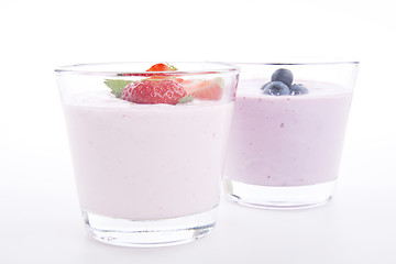 Image showing fresh tasty strawberry blueberry yoghurt shake cream isolated