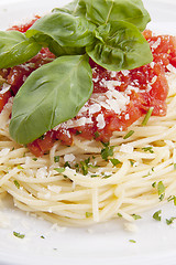 Image showing tatsty fresh spaghetti with tomato sauce and parmesan isolated
