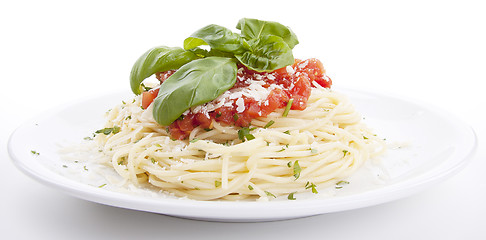 Image showing tatsty fresh spaghetti with tomato sauce and parmesan isolated