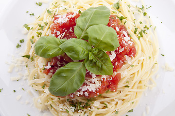 Image showing tatsty fresh spaghetti with tomato sauce and parmesan isolated