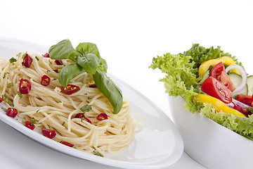 Image showing fresh pasta with chilli and basil isolated