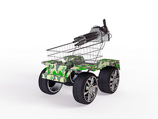 Image showing shopping basket with big wheels on a white background