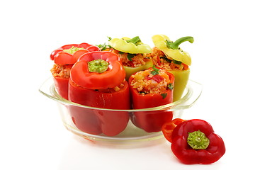 Image showing Sweet pepper with vegetable stuffing in a pan for baking.