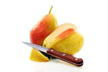 Image showing Two ripe pears and knife.