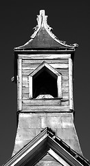 Image showing Old wooden church steeple in black and white