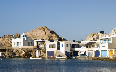 Image showing fisherman houses built into rock cliffs  Mediterranean Sea Firop