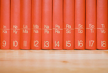 Image showing Encyclopedia in a Wooden Bookshelf