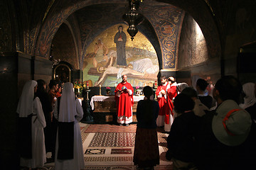 Image showing Catholic Mass at the 11th Stations of the Cross in the Church of the Holy Sepulchre