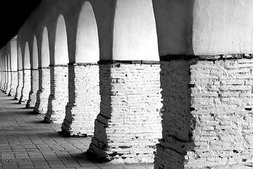 Image showing The arches of San Juan Bautista Mission Black and white version