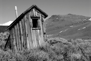 Image showing Black and white image of an old deserted shack in deserted Calif