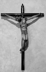 Image showing Black and white image of Christ on a cross in old mission