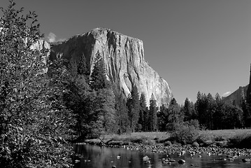 Image showing Black and white image of El Capitan and the Merced River