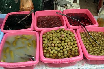 Image showing Jerusalem, Sale of pickles in the souq of the Muslim Quarter in the Old City