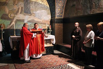 Image showing Catholic Mass at the 11th Stations of the Cross in the Church of the Holy Sepulchre. Jerusalem