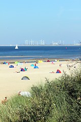 Image showing people relaxing on the beach behind reed 