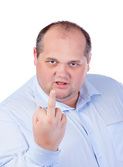 Image showing Fat Man in a Blue Shirt, Showing Obscene Gestures