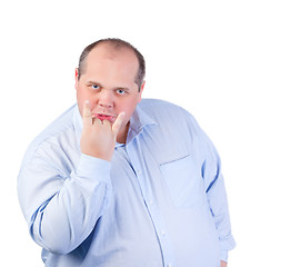 Image showing Fat Man in a Blue Shirt, Showing Obscene Gestures