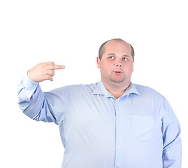 Image showing Fat Man in a Blue Shirt, Showing Obscene Gestures