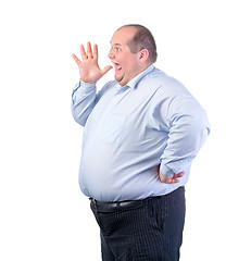 Image showing Fat Man in a Blue Shirt, Shouting