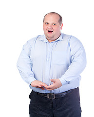 Image showing Fat Man in a Blue Shirt, Singing a Song