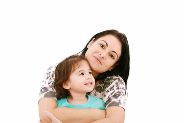 Image showing A portrait of a mother and her baby girl  smiling over white bac