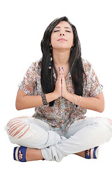 Image showing caucasian woman relaxing yoga isolated studio on white backgroun