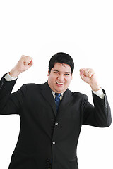 Image showing Young attractive happy smile business man stand and expressing s