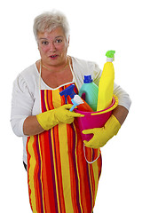 Image showing Female senior with  cleaning utensils 