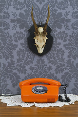 Image showing Retro communication on floral wallpaper and antler