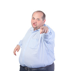 Image showing Fat Man in a Blue Shirt, Points Finger