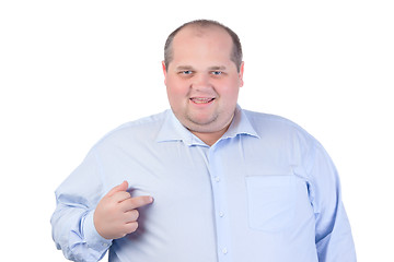Image showing Fat Man in a Blue Shirt, Showing Obscene Gestures